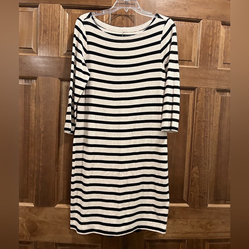 Gap Striped Black and Tan Boatneck Three Quarter Sleeve Midi Dress, Size Large